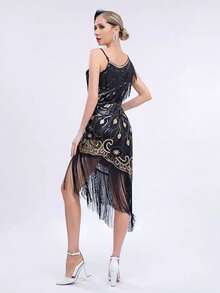 فستان نمط الخمسينيات المرصع بالترتر فستان براق ذو أهداب طراز أوروبي وأمريكي فستان سهرة متوسط وطويل