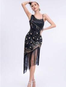 فستان نمط الخمسينيات المرصع بالترتر فستان براق ذو أهداب طراز أوروبي وأمريكي فستان سهرة متوسط وطويل