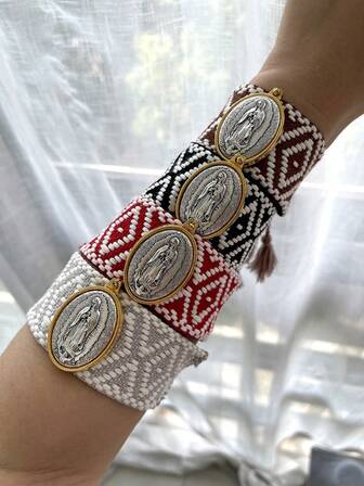 1st Boho Mode Klassisk Vintage Utsökt Religiös Titanstål Oval Figur Flätad Bred Kant Mönster Fransar Handsnöre Dam Systrar Par Dans Smycken Gåvor, Lämplig för Dagliga Datum Semesterpresenter Sommar Strandfester Bär Justerbar storlek