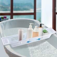 Estantería de baño de plástico, cesta de almacenamiento de juguetes de baño, organizador y almacenamiento de baño multifuncional, accesorios de baño retráctiles y de secado rápido, decoración de baño blanca para el verano - Blanco - Ver 7