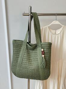 New Fashion Versatile Tote Bag, Beach Holiday Bag, Lightweight Elegant Design Straw Woven Boho Style Shoulder Bag, Large Capacity Commuting Daily Shopping Vacation Handbag For Women, College Students, Teens, With Tassel Pendant