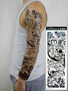 1pc Skull Pattern Full Arm Temporary Tattoo, Waterproof Realistic Body Art Tattoo Sticker For Men & Women