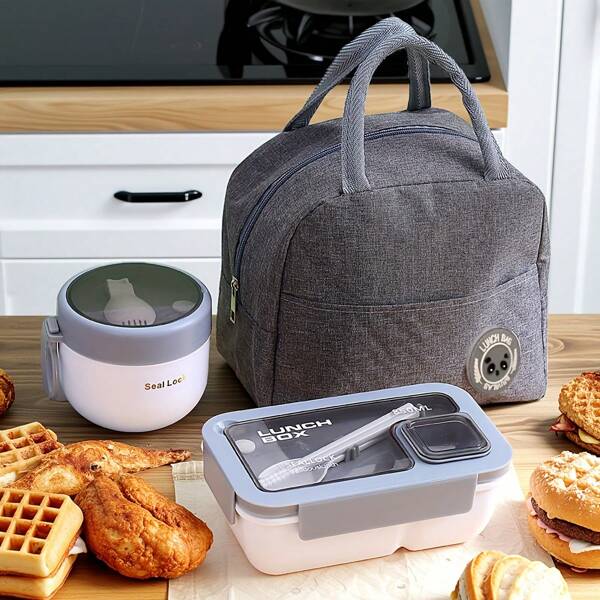3 piezas Fiambrera, caja de almacenamiento portátil y a prueba de fugas con tapa y bolsa térmica, bolsa grande de almacenamiento de alimentos simple, para volver a la escuela, clase, universidad, oficina, campamento y picnic, útiles escolares, organizadores y almacenamiento de cocina (cremallera aleatoria)