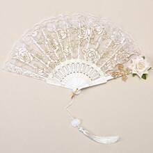1pc Vintage Palace Style Lace Pearl Cross Rose And Lotus Leaf Fan - Ladies' Elegant Black Handheld Fan, Suitable For Parties And Weddings, Perfect Handheld Accessory (Comes With Pendant) - Multicolor - View 12