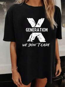 Ropa De Mujer En Tallas Grandes, Camiseta Estampada 'X GENERATION' Para Mujer: Camiseta Informal Negra con Hombros Caídos, Diseño Desgastado, Manga Corta, Cuello Redondo, Mezcla Ligera De Poliéster, M - Negro - Ver 1