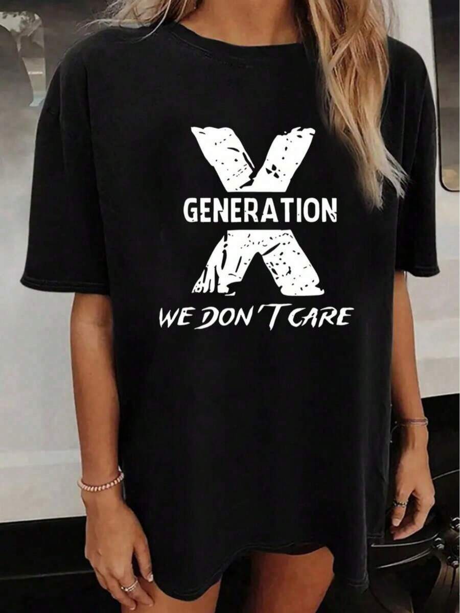 Ropa De Mujer En Tallas Grandes, Camiseta Estampada 'X GENERATION' Para Mujer: Camiseta Informal Negra con Hombros Caídos, Diseño Desgastado, Manga Corta, Cuello Redondo, Mezcla Ligera De Poliéster, M - Negro - Ver 1