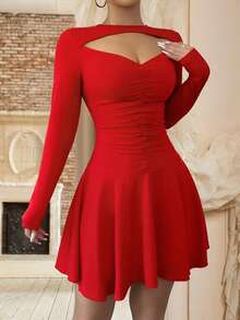 abyoxi Solid Color Sexy Front Cut Out Ruched Long Sleeve Ruffle Hem Slim Fit Dress Elegant Casual Commute Romantic,Wedding Party,Birthday Party,Wedding Guast,New Women's Clothing