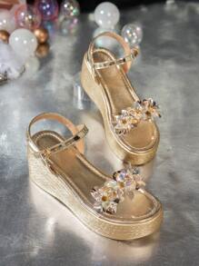 Women Fashion Gold Beaded Flower Rhinestone Ankle Strap Thick Sole Sandals - Open Toe Thick Heel Casual Summer Sandals