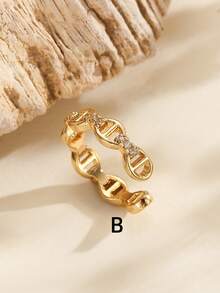 1pc Simple Fashionable Crystal Ear Cuff, Copper Plated Gold Two Layer Earring Clip-On Without Piercing, Exclusive Design With Elegant Vibe - Yellow Gold - View 6