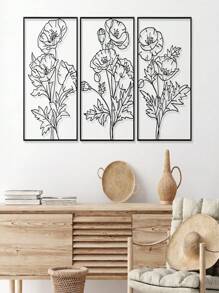Set de 3 piezas de arte de pared de plantas y metal negro - Decoración moderna para el hogar, acentos festivos, arte de pared elegante