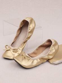 女士百搭休闲金色蝴蝶结松紧带芭蕾平底鞋，软底室内芭蕾舞鞋，优雅女士鞋