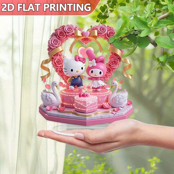 Sanrio 1 pieza Plato decorativo acrílico 2D de Sanrio Kitty y Melody - Pastel de boda elegante con tema de cisne y rosas en forma de corazón, diseño con cinta dorada - Adecuado para boda, aniversario y regalo, coleccionable romántico