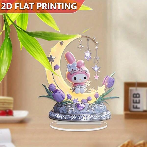 Sanrio 1 pieza Soporte de exhibición de acrílico de Sanrio Melody & Moon - Luna creciente plana 2D con flor morada y decoración de cristal - No requiere energía, ideal para regalo, colección, decoración del dormitorio | Ornamento de personaje de Sanrio, decoración de luna