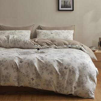 3 PiecesSet Double Layer Cotton Butterfly Garden Pattern, 1 Duvet Cover + 2 Pillow Shams, Soft & Skin-Friendly, Suitable For Single/Double Bed, Machine Washable Bedding