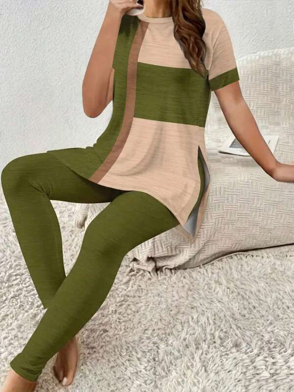 2 pièces Ensemble de survêtement femme à manches courtes avec contraste de couleur et fente latérale pour le printemps/été et pantalon long