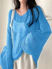 休闲钩针圆领长袖套头衫，简约时尚，适合夏季 - 寶藍色 - 查看 3
