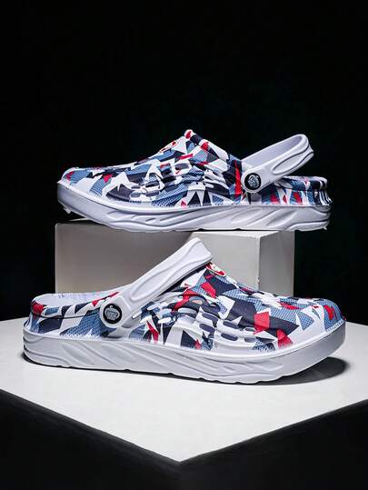 1 双男士轻便舒适镂空防滑花园木屐，男士网眼夏季凉鞋，适合休闲户外，防滑厚底沙滩人字拖拖鞋（鞋面不对称印花）