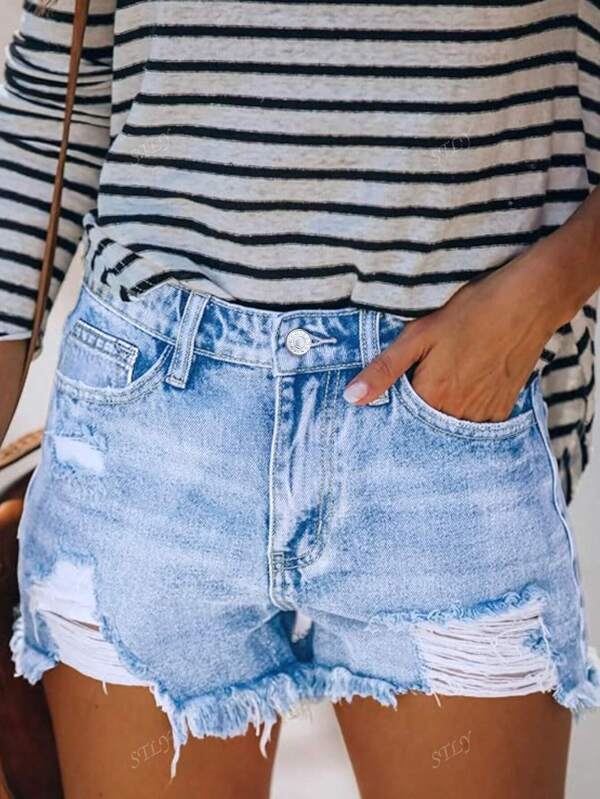 STLY Women High Waist Distressed Raw Hem Super Short Denim Shorts, Tight Fitting Vintage Design Comfortable Casual Home Wear,Light Blue