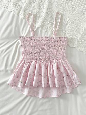 女式吊带背心，休闲宽松印花蕾丝格子花卉图案，适合节日、毕业典礼、婚礼、返校、派对、午餐、甜美浪漫乡村度假风格，宽松舒适，系带下摆