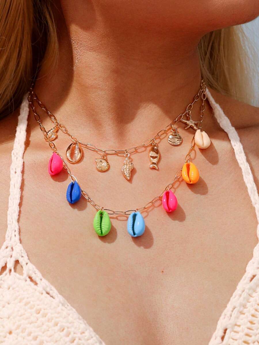 1pc Fashion Personalized Summer Beach Vacation Style Ocean Life Metal Starfish/Seashell/Fish Multilayer Chain Color Seashell Charm Pendant Necklace, Women Summer Beach Vacation Beach Party Beach Casual Necklace - Colorful - View 1