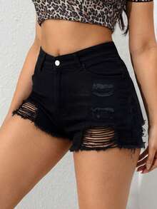 Shorts vaqueros rectos de pierna ancha, sueltos y con efecto desgastado y rasgado, para mujer - Negro - Ver 2