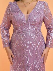 Elisanya Anpoket,New Arrival,V Neck,Off Shoulder,Dark Purple,Plus Size Evening Gown Dress,Heavy Stitching,Embroidery ,Belt,Long Sleeve,Bodycon,Mermaid Hem Dress - Purple - View 5
