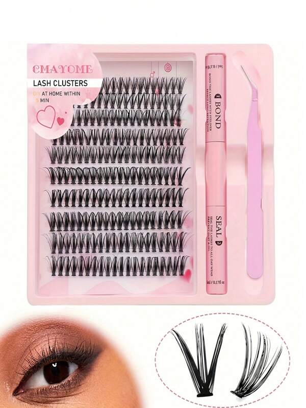 Set de pestañas postizas de corazón en rosa con aspecto femenino, con 10 filas y 200 mechones de 10-16mm, con pegamento para extensiones de pestañas, pinzas y mechones individuales en C para un aspecto natural y finamente enraizado