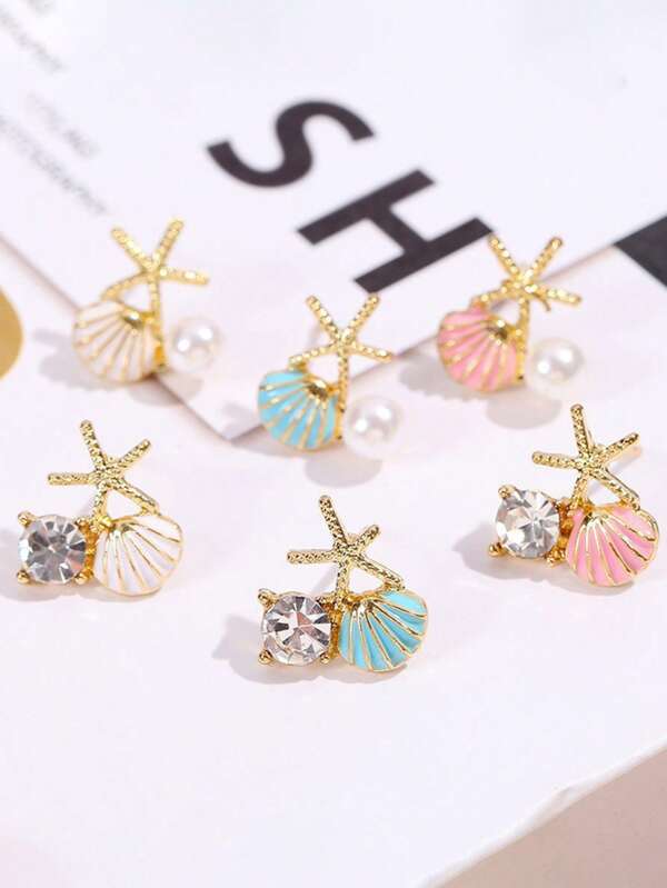 1 par de aretes de perlas falsas con estrella de mar y concha, aretes de estilo de vacaciones en la playa de verano, aretes de lujo versátiles y sencillos para mujeres