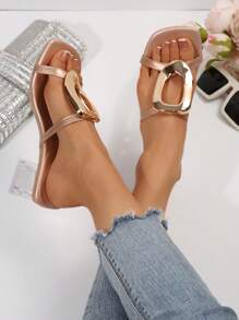 Transparent Chunky Heel With Decorative Metallic Accent, New Women's Fashion Versatile Holiday Party Rose Gold Summer High Heel Sandals