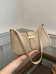 优雅新月形腋下单肩包，女士时尚休闲纯色腋下包 - 卡其色 - 查看 3