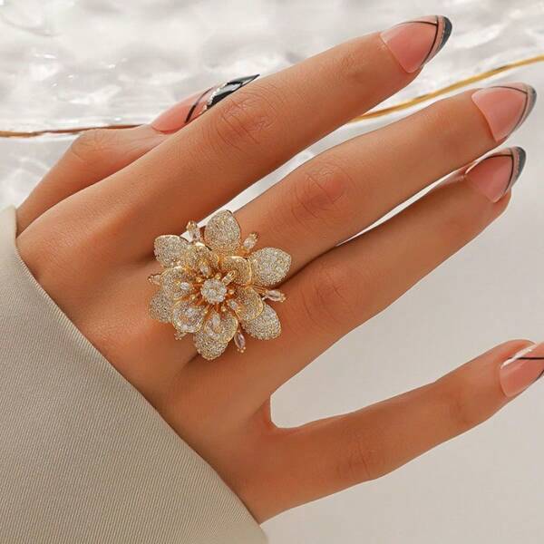 1pc Elegant 18K Gold Plated Flowers Rings For Women, Cubic Zirconia Jewelry Match Daily Birthday Jewelry Gifts Valentines,Mom,Mother,Mother's Day,Gift