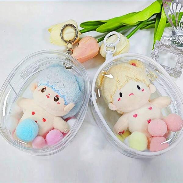 Bolso de muñeco de peluche de 10 CM, Estuche transparente de PVC con muñeca de algodón transparente para exhibición, Estuche de almacenamiento transparente para muñecas de dibujos animados y anime