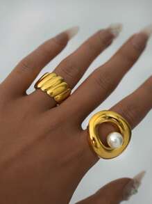 Frminee 1 pieza Anillo de acero inoxidable chapado en oro de 18K con perla, diseño de lujo elegante y vintage para uso diario, fiestas, bodas, regalo para el día de la madre