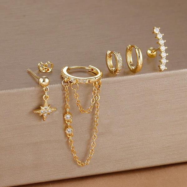 Conjunto de 5 brincos de argola com borla longa e corrente dupla para mulheres, aço inoxidável banhado a ouro 18K coreano e cobre, brinco pendurado com zircônia, joia para piercing