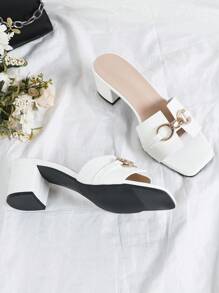 Chunky Heel Versatile Slip-On Minimalist Metal Buckle Women Sandals, Elegant Open Toe White High Heel Sandals