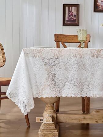 1pc Rectangular Polyester Tablecloth, White, Vintage Chic, Machine Washable, Home Decor, Suitable For Wedding, Party, Gathering Decoration, Farmhouse Table Runner