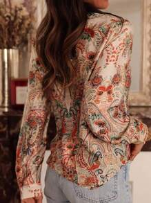 Elegant Polyester Paisley Print Blouse For Women With Lapel Collar And Button Detail - 100% Woven Polyester Fabric, All-Season Long Sleeve Shirt Top