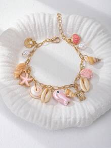 1 Peça Pulseira Charm com Vida Marinha de Verão, Pulseira com Encantos de Estrela do Mar, Concha e Peixe, Estilo Praia, Joia Boho de Estilo de Férias para Mulheres