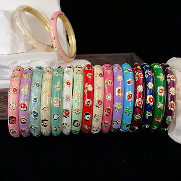 [HOT EXPLOSION MINI BRACELET] New Retro Enamel Seven-Color Opening Fashion Bracelet, Gold-Plated Classic Zinc Alloy Seven-Color Enamel Flower Bracelet, Light Luxury Fashion Jewelry, Gift For Personal Use, Recommended Birthday Gift (Suitable For Small Wrists To Wear)