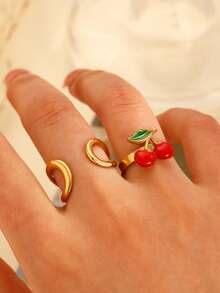 2pcs Stainless Steel Geometric Cherry Fruit Rings For Women, Suitable For Daily Wear/Summer Vacation - Yellow Gold - View 1