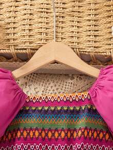 Girls Bohemian Style Puff Sleeve Patchwork Dress - Hot Pink - View 6