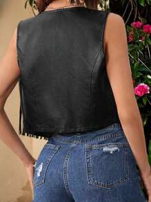 Womens Leather Tassel Vest 70s Hippie Costume Sleeveless Cowgirl Western Outerwear