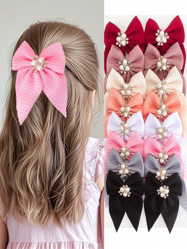 Set de 8 pasadores para el cabello con textura, lazo y perlas de unicolor, accesorios elegantes de princesa para el cabello para uso diario para niñas