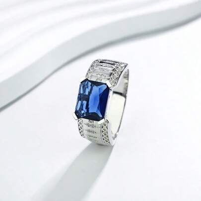 1pc Men's Elegant 925 Sterling Silver Ring, Inlaid With 5A Square Blue Cubic Zirconia And Surrounding White Cubic Zirconia With Infinity Symbol, Bohemian Style, Suitable For Daily Wear, Gift, Valentine's Day, Wedding, Party, Anniversary, Weighs 8g