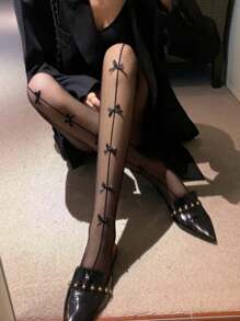 Women's Black Sexy Hollow Bowknot Stockings, Fishnet Tights With Line Pattern, Goth Dark Chic Style Pantyhose