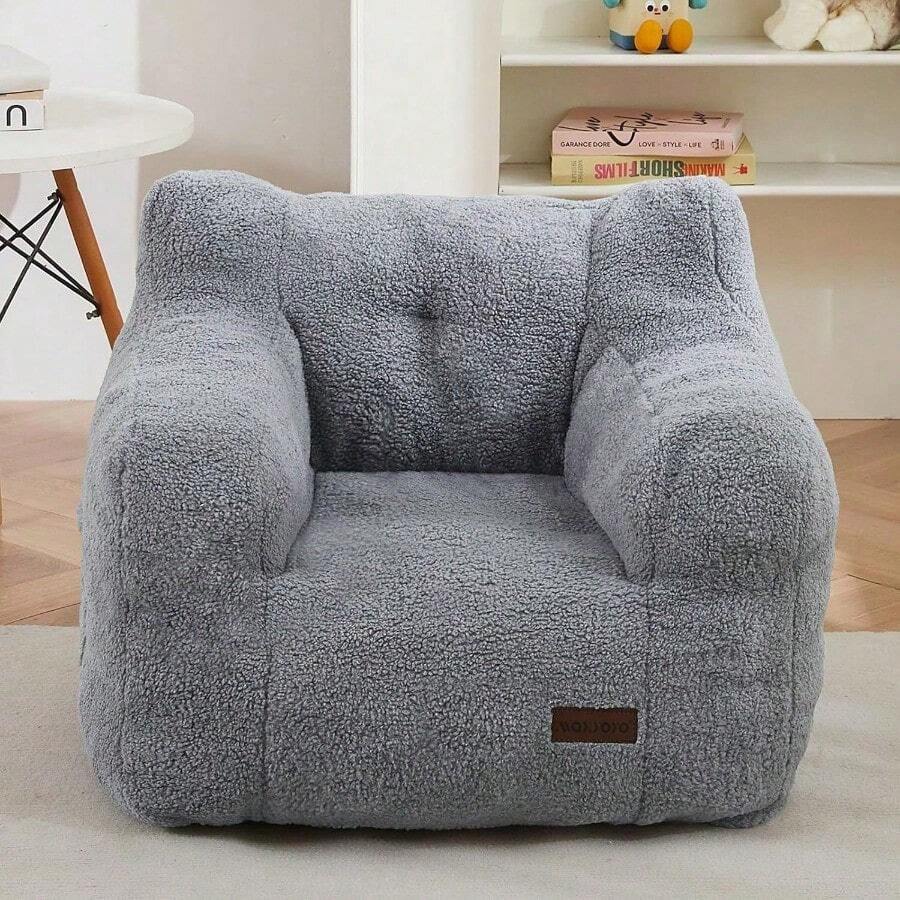 Kids Sherpa Bean Bag Chair, Boucle Toddler Chair Toddler Bean Bag Couch For Girls And Boys, Teddy Lazy Sofa Accent Chair With Pocket For Playing, Green - Grey - View 1