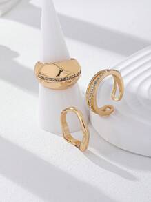 3 Pcs Women Chunky Rings Set , Crystal Decor Dome Ring , Simple Design Stacked Rings Pack For Daily Wear