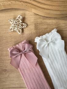 2 Pairs Kids Ribbed Bow Decor Over-The-Knee Socks, Suitable For Everyday Wear