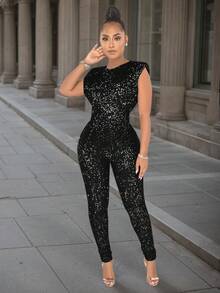 Women's Glamorous Sleeveless Sequins Backless Long Party Jumpsuit With Zipper, High Stretch Fabric For An Alluring Look,Sleeveless Round Neck Sequined Waist Cinching Jumpsuit,Fall Women Clothes ,Winter Jumpsuit Women,Halloween Costume,New Year Clothes Wedding Spring Black - Black - View 4