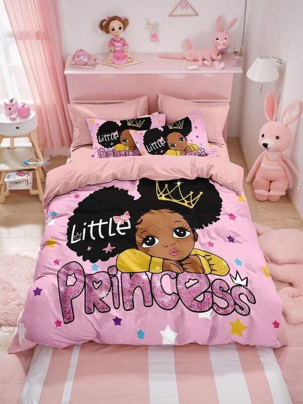 Conjunto de cama com 4 peças de desenho animado fofo para meninas, estampa de estrelas, incluindo 1 capa de edredom, 2 fronhas, 1 lençol, sem enchimento, macio e confortável, adequado para filha, quarto de namorada